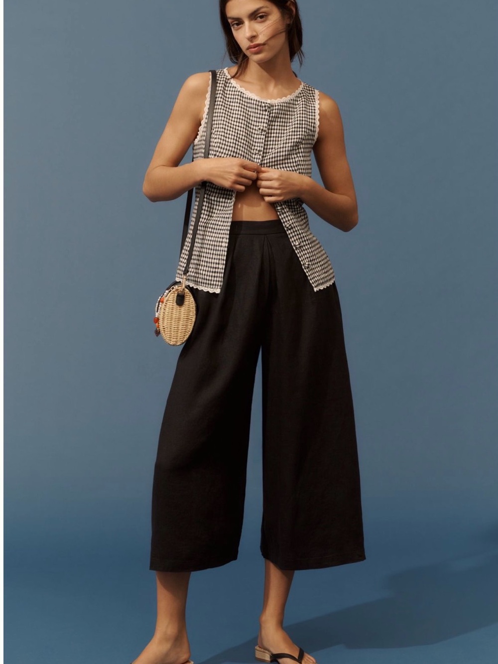 Anthropologie Linen Pleated Culotte Trousers Black Wide Leg Cropped Pants XSmall